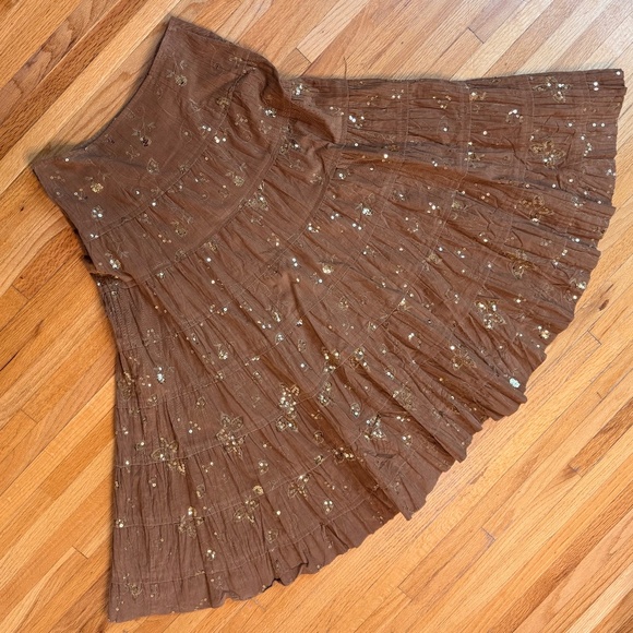 Y2K Brown Corduroy Sequin Embroidered Boho Peasant Skirt - Picture 4 of 7